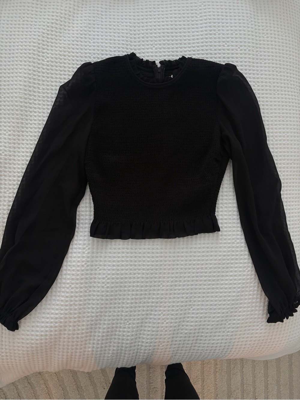 Wilfred Black Long-Sleeve Smocked Peplum Top